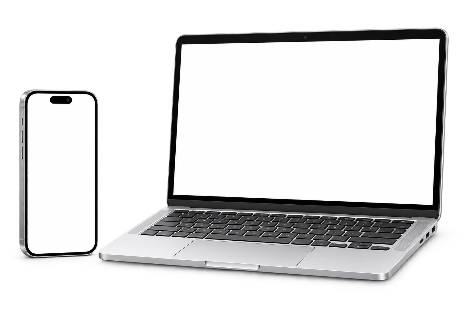 Kompaktowy srebrny laptop 14 cali po prawej, zwrócony w lewo, i telefon pośrodku, zwrócony w prawo, stojące na biurku z czytelnymi ekranami iPro i iDom, bez oznaczeń producenta